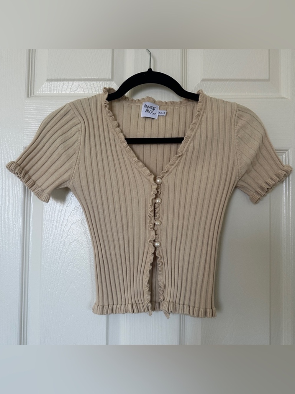 Princess Polly Yellow Cream Ribbed Pearl Button Ruffle Trim Cropped Short Sleeve